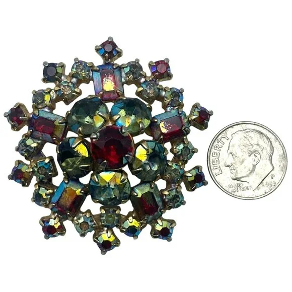 Vintage Aurora Borealis Brooch AB Red Blue Green Austrian MCM 1 3/4" GORGEOUS! - Picture 8 of 8